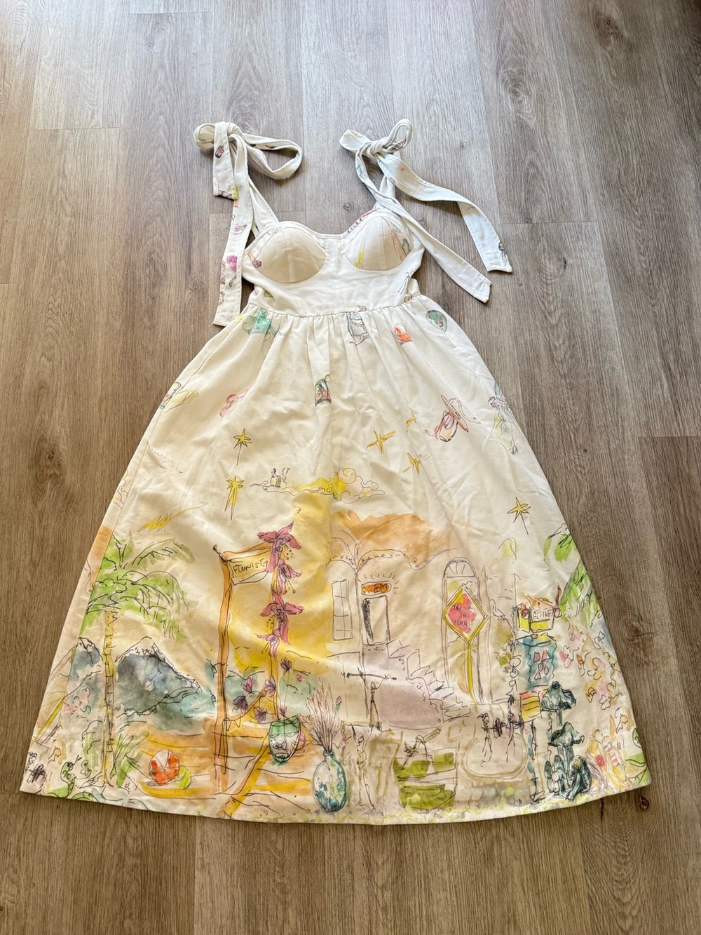 moon river cream vacation town print tie strap midi sun dress size small NEW